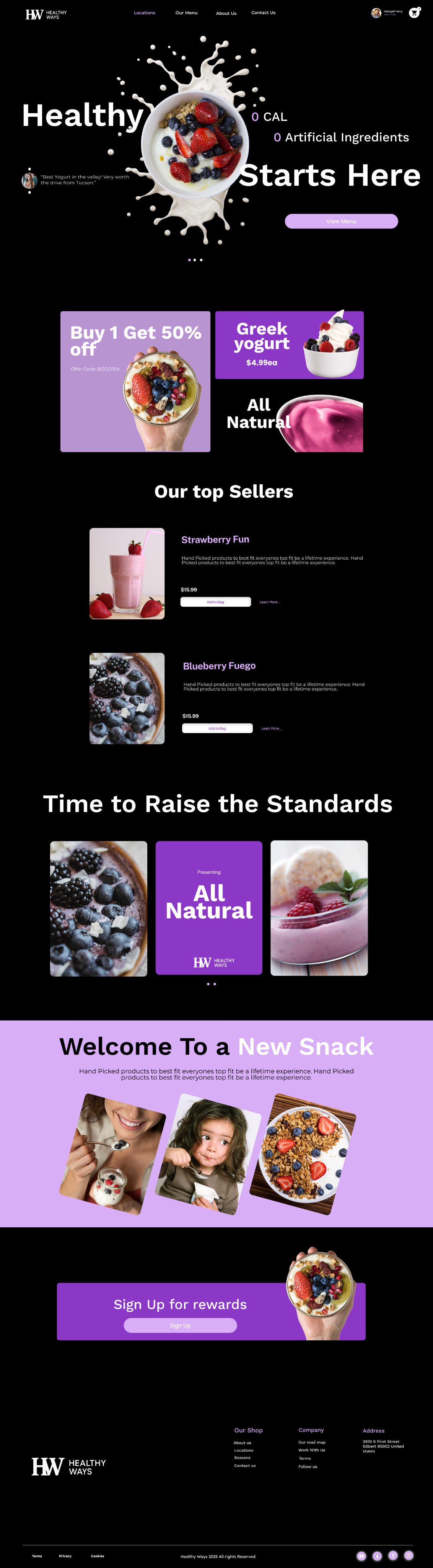 Healthy Ways Website Design + Development branding dark mode figma food site food website landing page modern food site modern website restaurant website website design website template yogurt website
