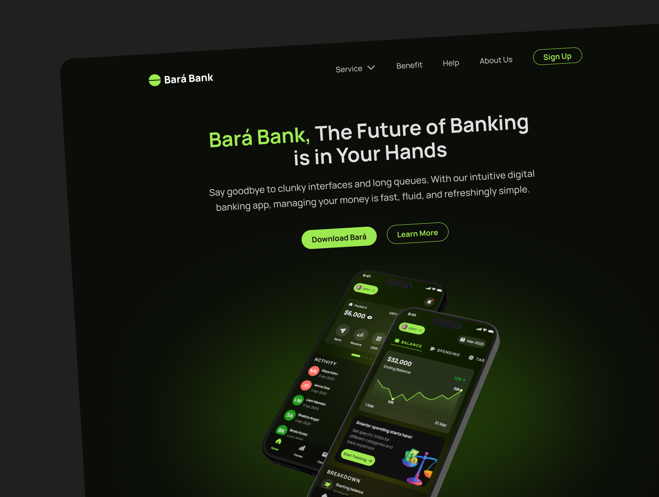 Web Design for Bara: Digital Banking App darkmode digitalbank finance fintech mobilebank ui ux webdesign