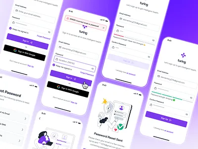 turing v2: AI Smart Healthcare App - Authentication UIUX ai health assistant app ai healthcare app authentication clean digital health app digital health ui figma ui kit healthcare ui kit minimal modern purple sign in screen sign up screen smart health smart health app strangehelix turing ui kit virtual care app virtual consultation app virtual health app