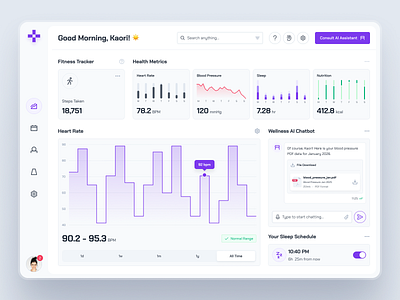 turing v2: AI Smart Healthcare App - Health Metric Dashboard UI ai health assistant app ai health dashboard ai healthcare app ai nutrition app clean digital health app digital health ui figma ui kit health companion app health dashboard minimal modern purple smart health smart health app smart health dashboard strangehelix turing ui kit virtual consultation app virtual health app
