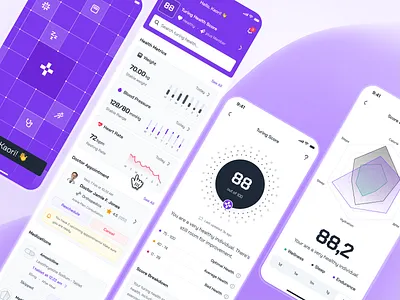 turing v2: AI Smart Healthcare App - Home & Health Metric UIUX ai health assistant app ai healthcare app blood pressure ui clean digital health app digital health ui health companion app health metric health metric ui health score healthcare ui kit heatrate ui home screen minimal modern purple smart health smart health app strangehelix turing ui kit