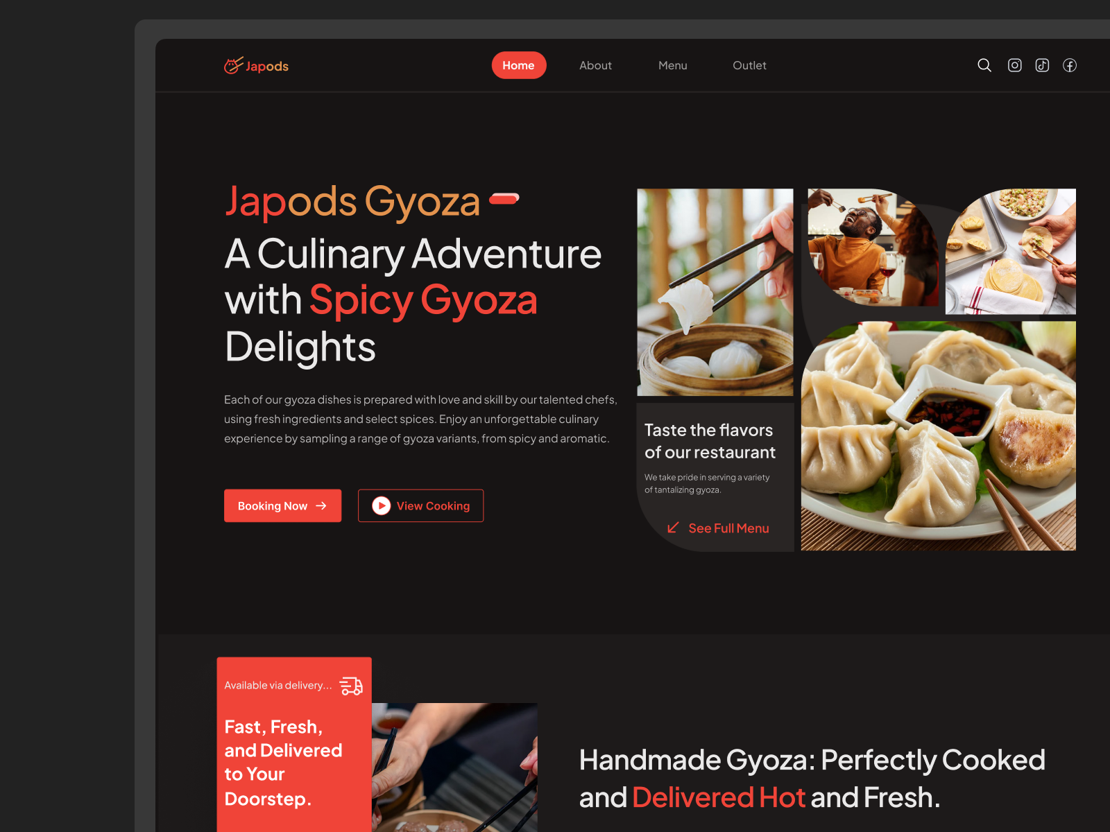 Japods - Restaurant Gyoza Website 3d animation darkmode graphic design gyoza landingpage meals modern restaurant simple ui uidesign uiux uix ux website
