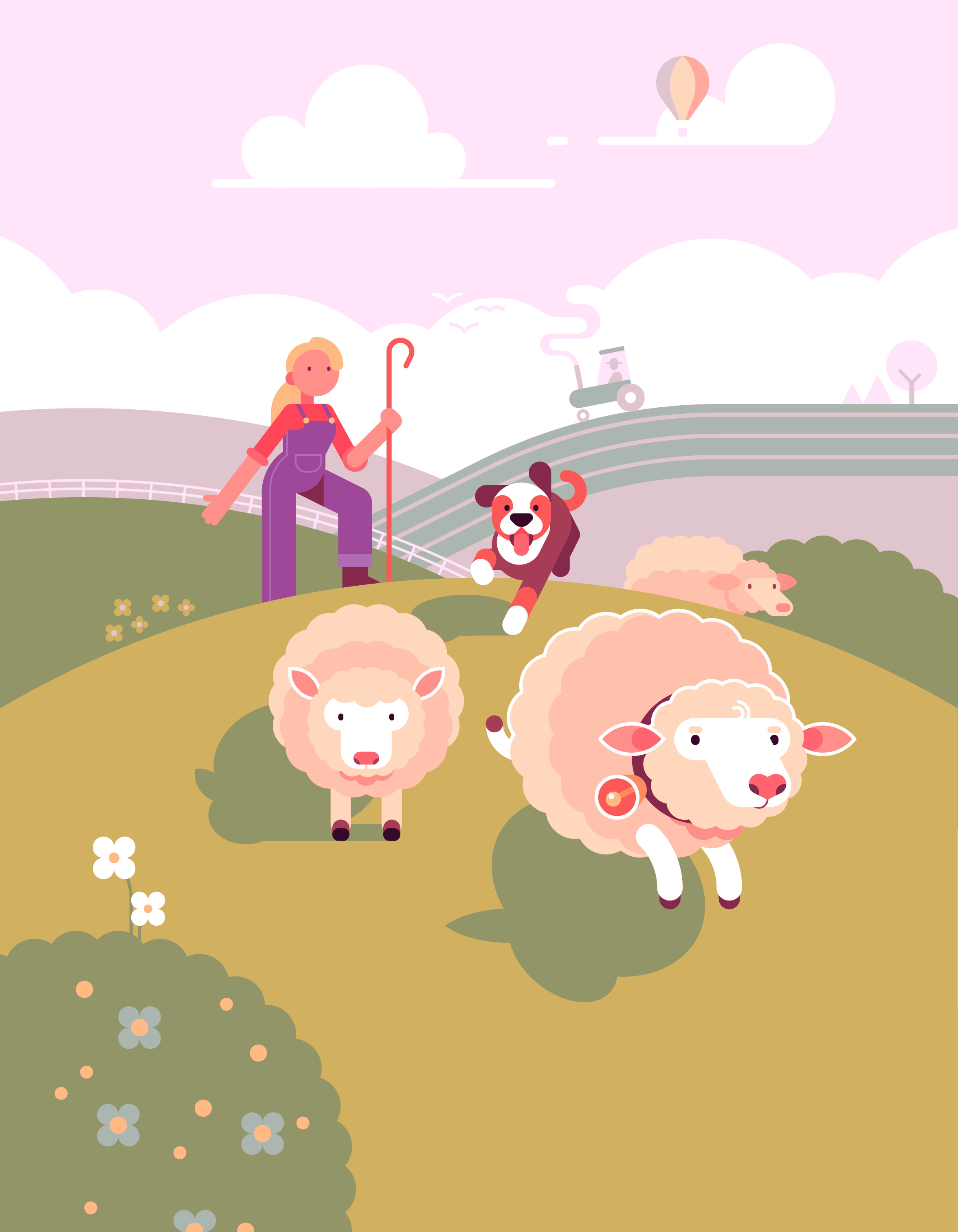 Shepherd animal character dog field flat illustration landscape sheep tractor
