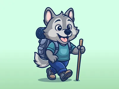 Adventurer Wolf Mascot – Cute Cartoon Character Illustration adventure animal branding camping cartoon character design hiking hobby illustration logo mascot outdoor wolf