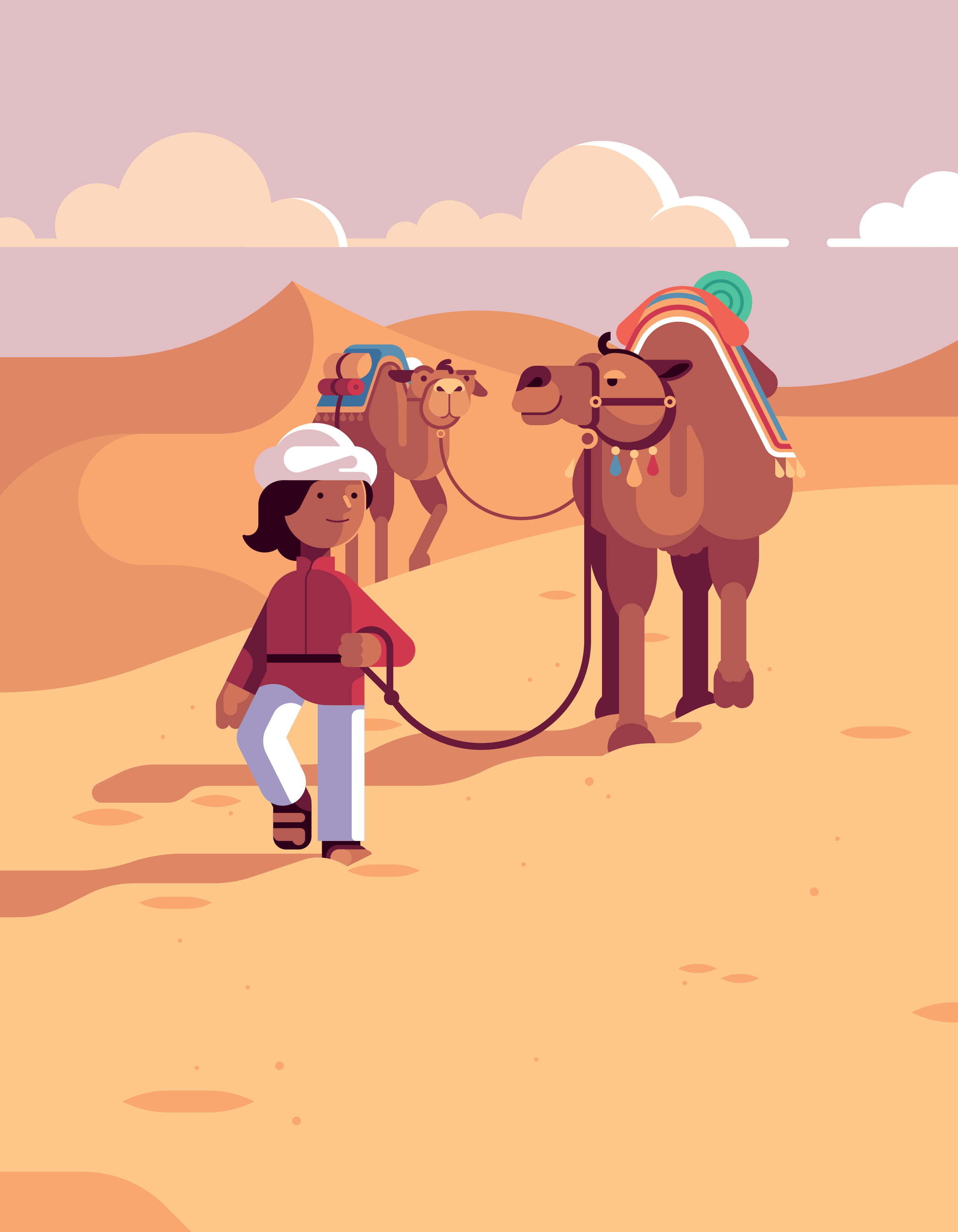 Young Tuareg africa animal camel caravan character desert flat geometric illustration landscape sand