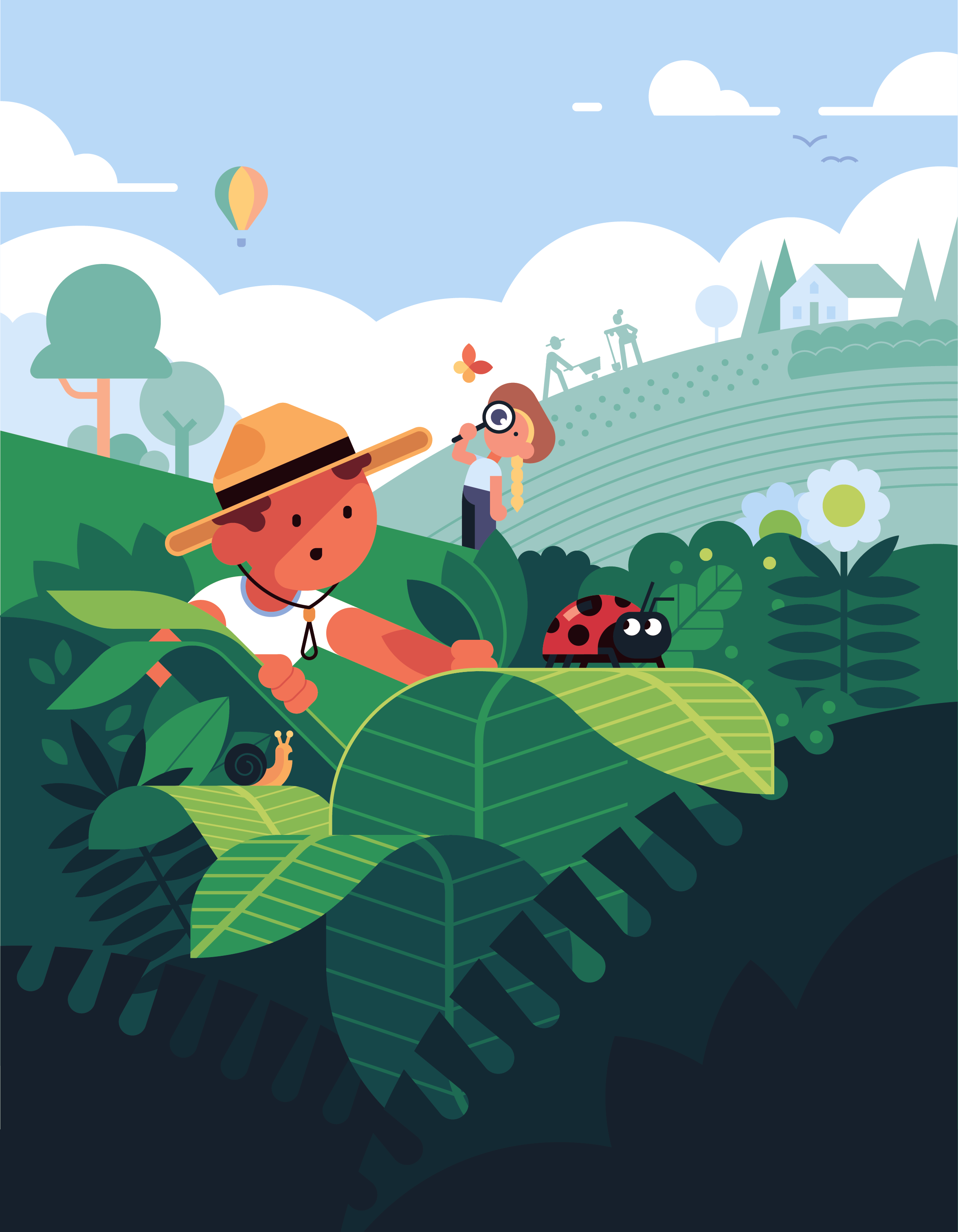 Young Naturalist animal character farm flat geometric illustration kids ladybug landscape overgreen