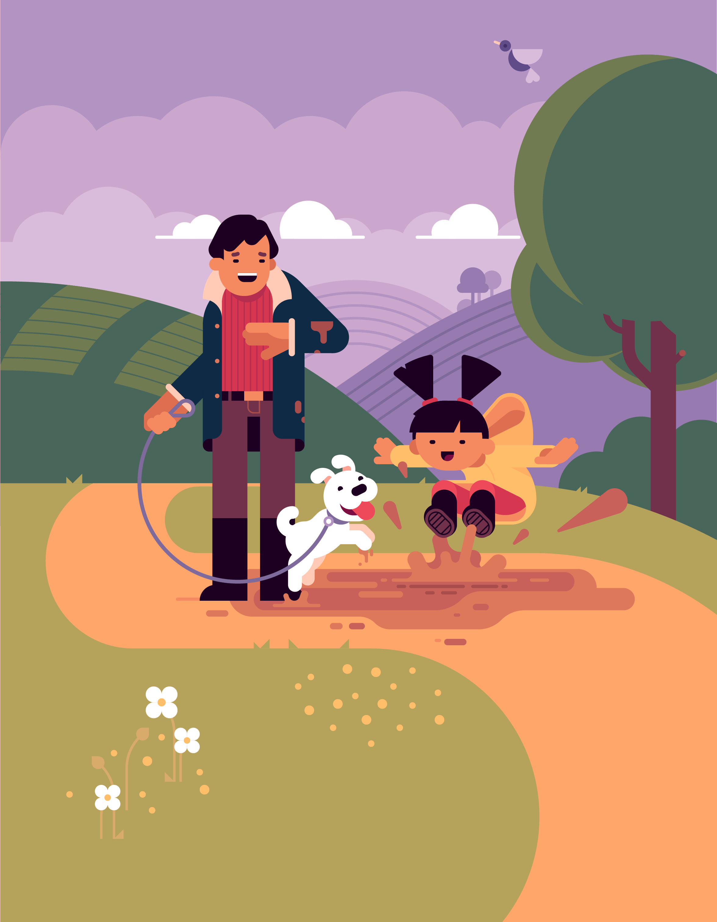 Puddle Fun animal character dad dog flat geometric girl illustration kids landscape