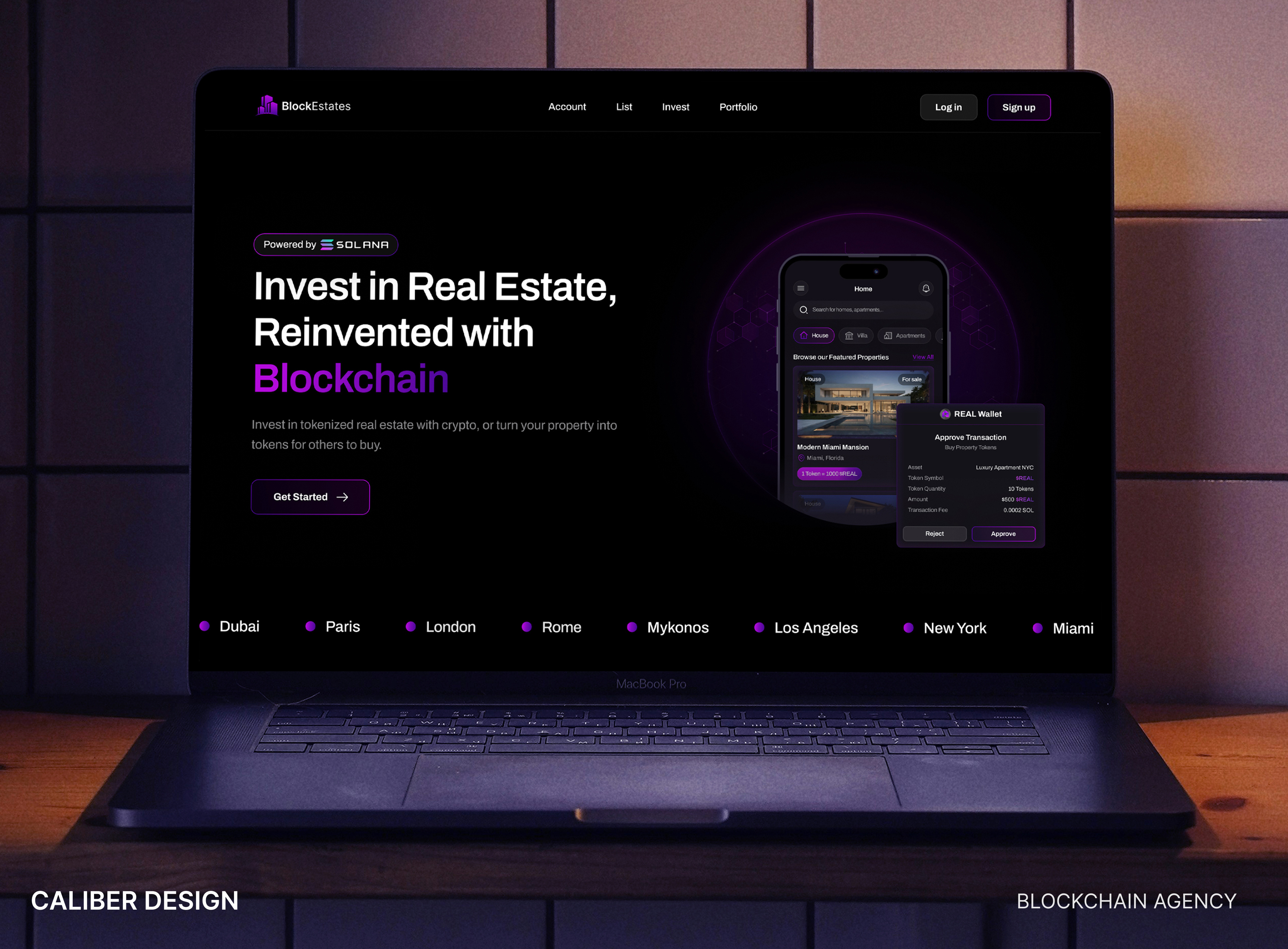 Block Estates - Tokenized Real Estate Platform UI asset bitcoin blockchain clean crypto darktheme fintech home interface landing page property real estate token solana startup ui ux web