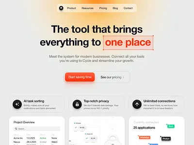 Cycle • Management tool ai cloud connect glassmorphism gradient landing page noise one orange place privacy saas tool ui ux website