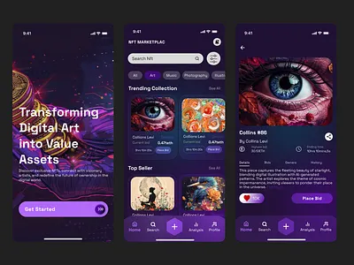 NFT MARKET PLACE app cryptoart cryptoui darkmodeui digitalcollectibles mobile app nftdesign nftdesign web3ui dribbbleshot uxdesign web3ui