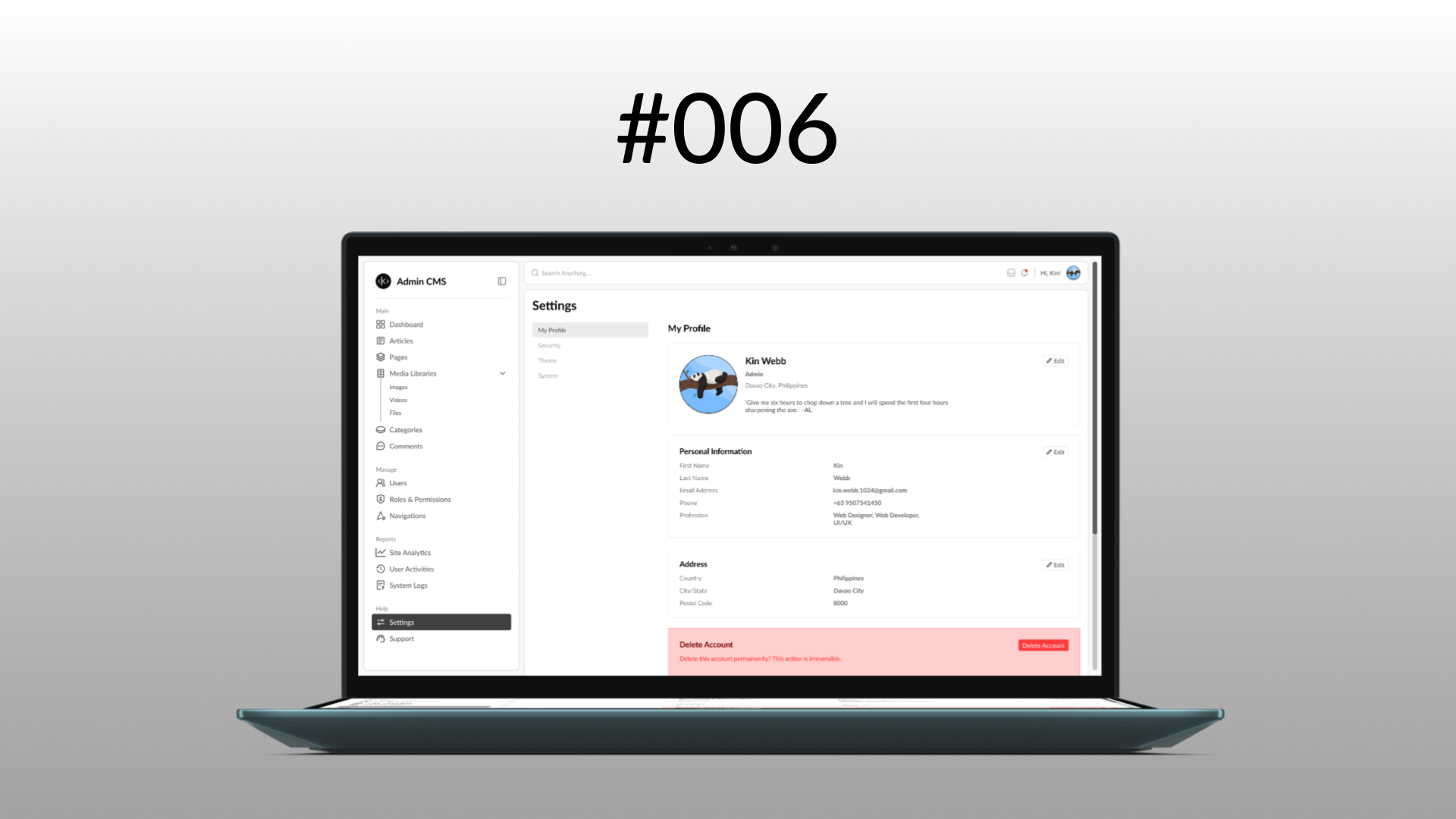 User Profile #DailyUI #006 #KinWebb admin dashboard design kinwebb minimalist profile settings system ui user profile web design