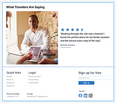 A booking website design The testimonial section and the footer branding ui ux