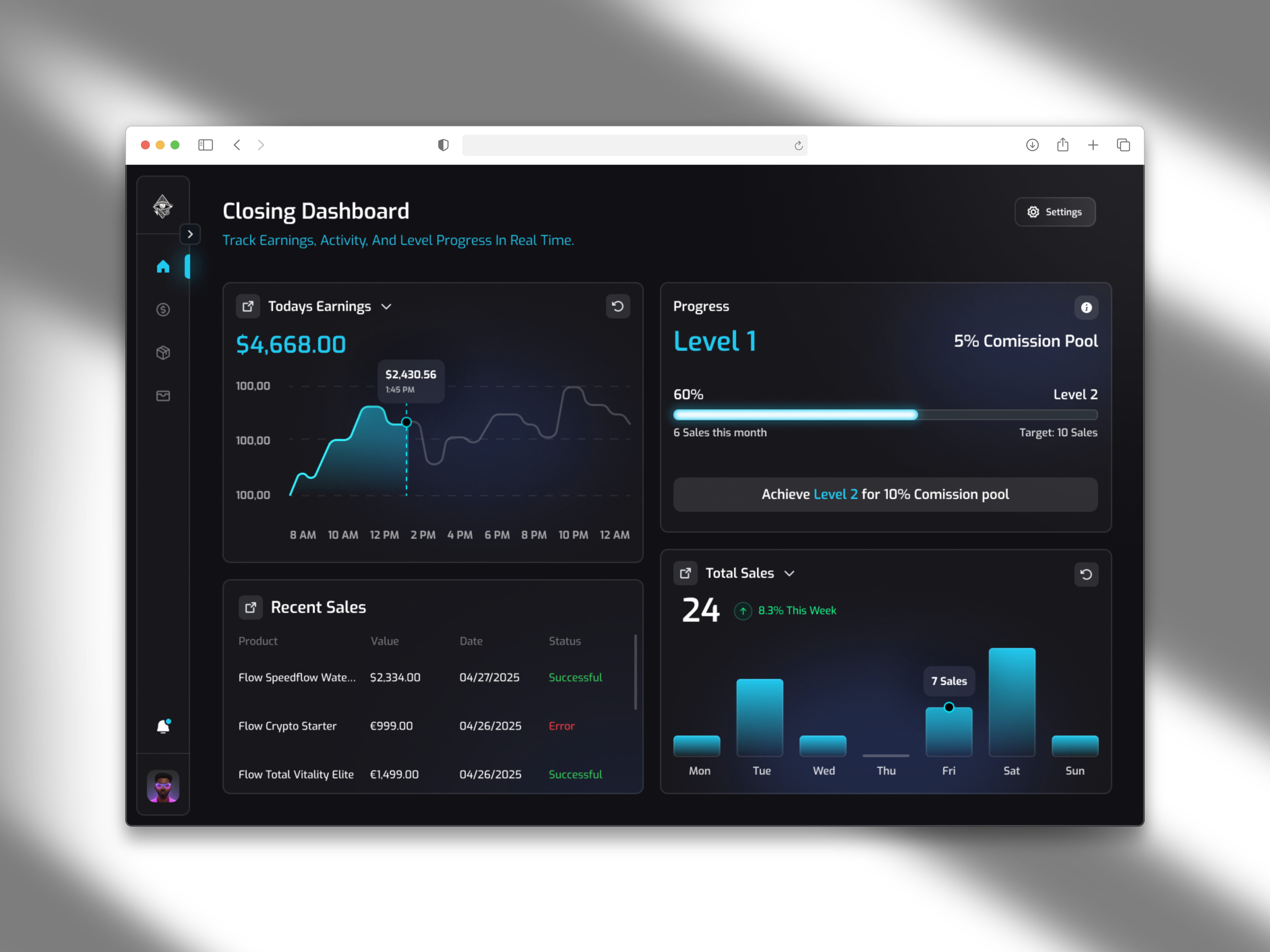 Closer — Modern Sales Platform app design closer dark design dashboard figma glow marketing dashboard modern design revolut sales sales dashboard sales tool selling tool sleek design studio ui ux velourlabs web3 web3 app