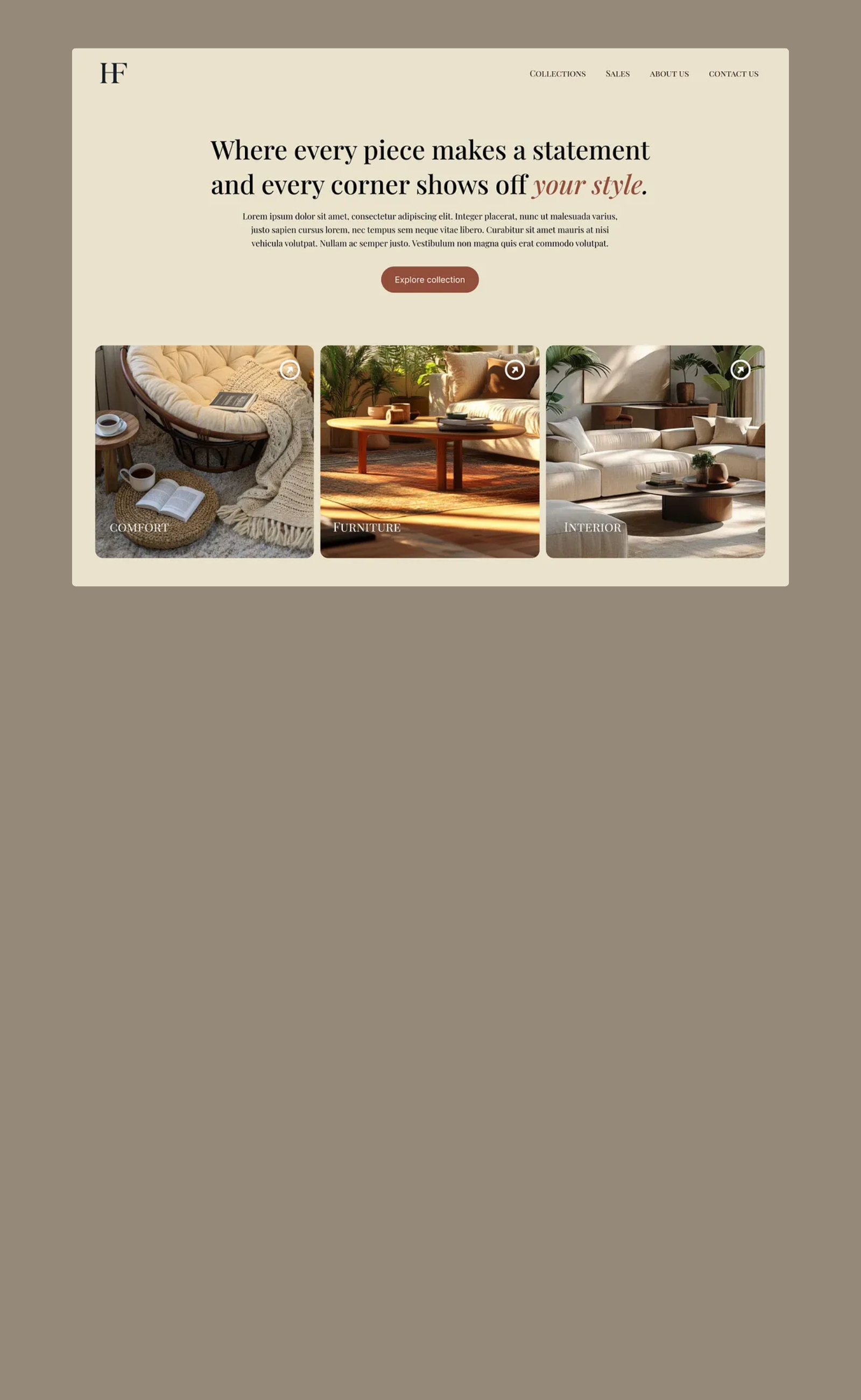 Home Forniture branding brown creative cta design figma forniture hero section inspiration landing page minimalist prototype study ui ux web web design