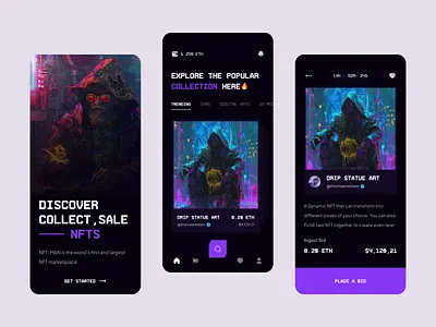 NFTopia - NFT Auction Mobile App auctiontech blockchain cryptoart cryptoux defi design mobile app mobileui nft nftapp nftmarketplace ui ux web3design