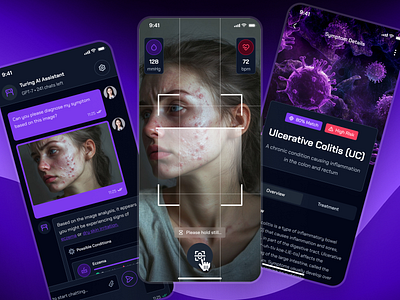 turing v2: AI Smart Healthcare App - AI Symptom Checker UI ai health assistant app ai healthcare app ai symptom checker app clean dark mode digital health app digital health ui figma ui kit health companion app healthcare ui kit minimal modern purple smart health smart health app strangehelix symptom checker symptom checker app turing ui kit virtual health app