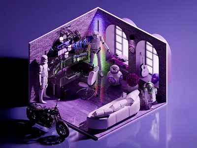 Star Wars Fan's Den 3d 3d art 3d decor art 3d design 3d render computers couch decor fan futuristic gaming high tech micro living modern motorcycle purple room room interior star wars tech