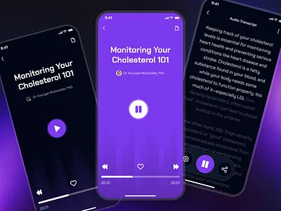 turing v3: AI Smart Healthcare App - Audio Player UIUX ai health assistant app ai healthcare app audio player app audio player ui audio ui clean digital health app digital health ui figma ui kit health companion app healthcare ui kit minimal modern purple smart health smart health app strangehelix transcript ui turing ui kit virtual health app