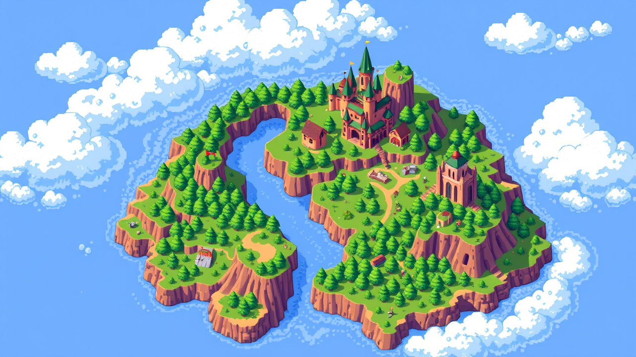 8-Bit Worlds: Fantasy, Sci-Fi, and Retro Adventures in Pixel Art 8 bit adventure chunky pixels color blocks cyberpunk early 90s vibe exploration fantasy game inspired isometric limited palette minimalist nes style nostalgia pixel art platformer retro gaming sci fi top down view urban life