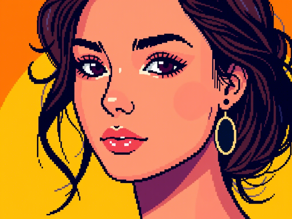 Pixel Art Portrait of a Stylish Woman bold features bold makeup bright palette character illustration contrast design digital art fashion design glamorous look graphic illustration hoop earrings modern vintage nostalgic aesthetic orange background pixel art pixelated portrait retro style stylish woman trendy art vibrant colors video game inspired