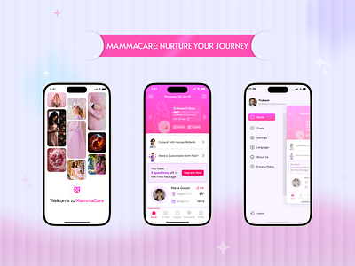 MammaCare – Beautifully Designed Pregnancy Tracker App 2025 app design branding creative design elegant figma fractal glass graphic design home screen minimalist modern pink pregnancy sidebar ui splash track trending ui uiux