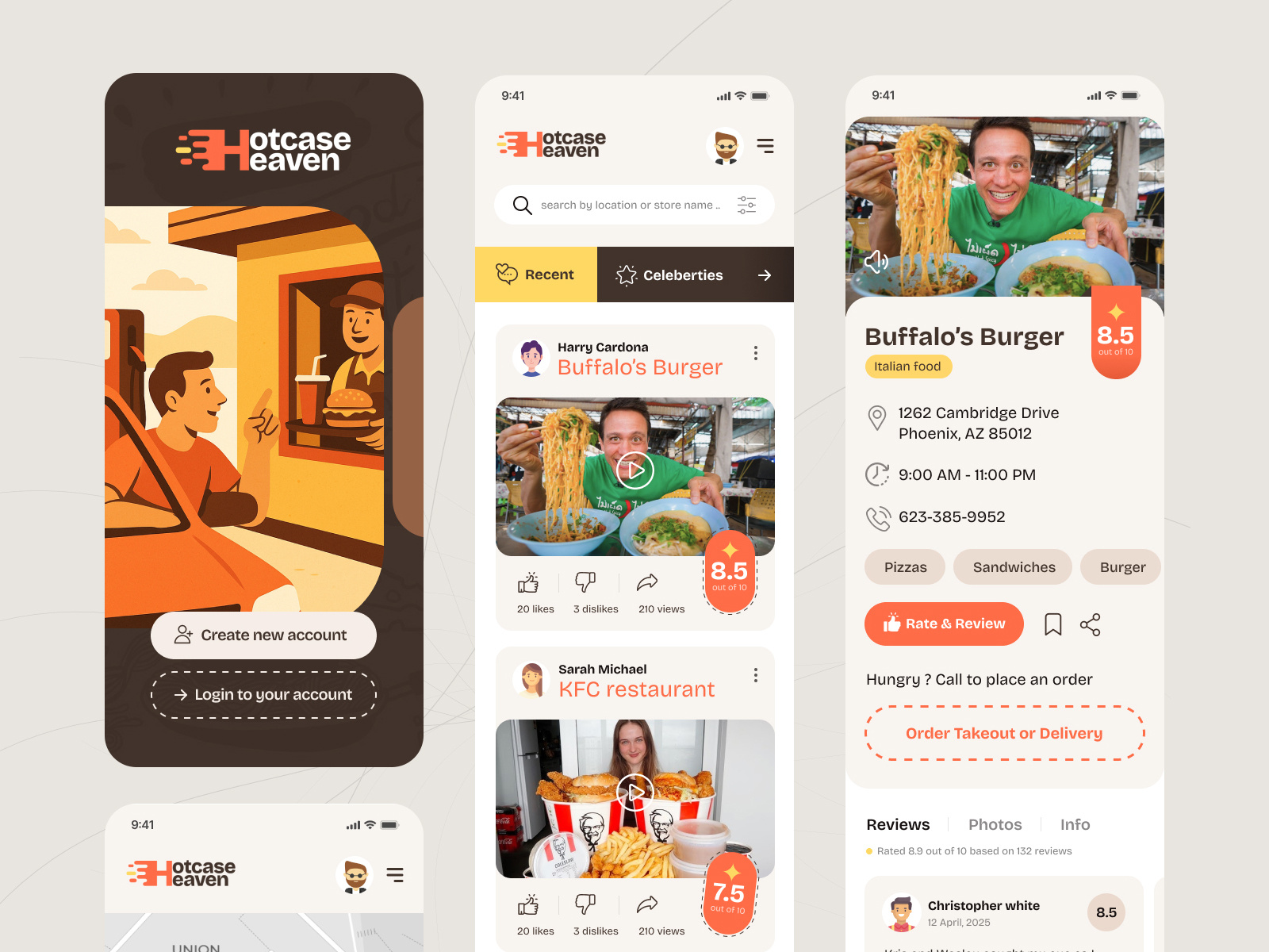HotcaseHeaven - Restaurants reviews app food food bloggers food rating food review mobile app restaurant rating restaurant review search restaurants ui design