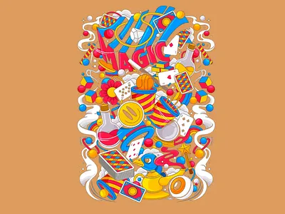 Vibrant World of Magic Tricks - Illustration abstract fantasy bright palette cartoon explosion circus vibe colorful chaos fantasy elements fantasy objects fun artwork illusion art joyful design magic illustration magic show magical scene magician tools playful composition surreal poster vector magic vibrant design vibrant doodles whimsical style