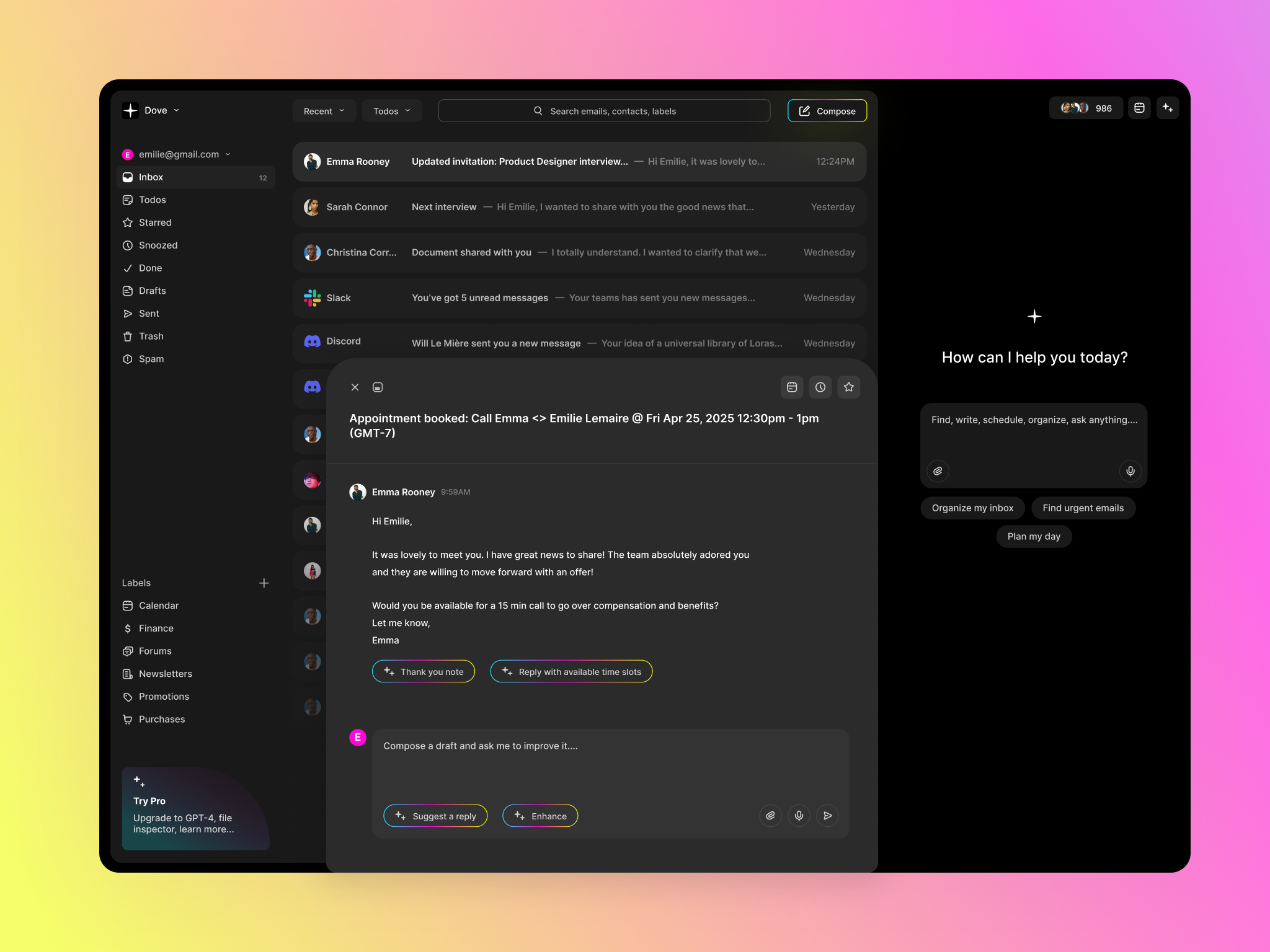 Example of Dove AI Email Client | Dark UI (IP owned by Canary Mail)