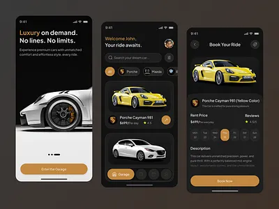 Next-Gen Luxury Car Rental App UI – Crafted for Elegance app app interfaces app ui booking car car booking card choose driver map mobile mobile app porche porche car rental rent rental app search ui user interface ux
