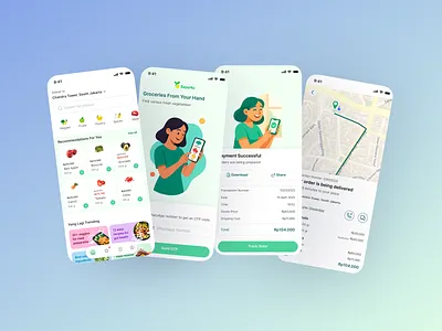 Groceries Shopping Mobile Application e commerce fresh green groceries illustration map mobile ui ux