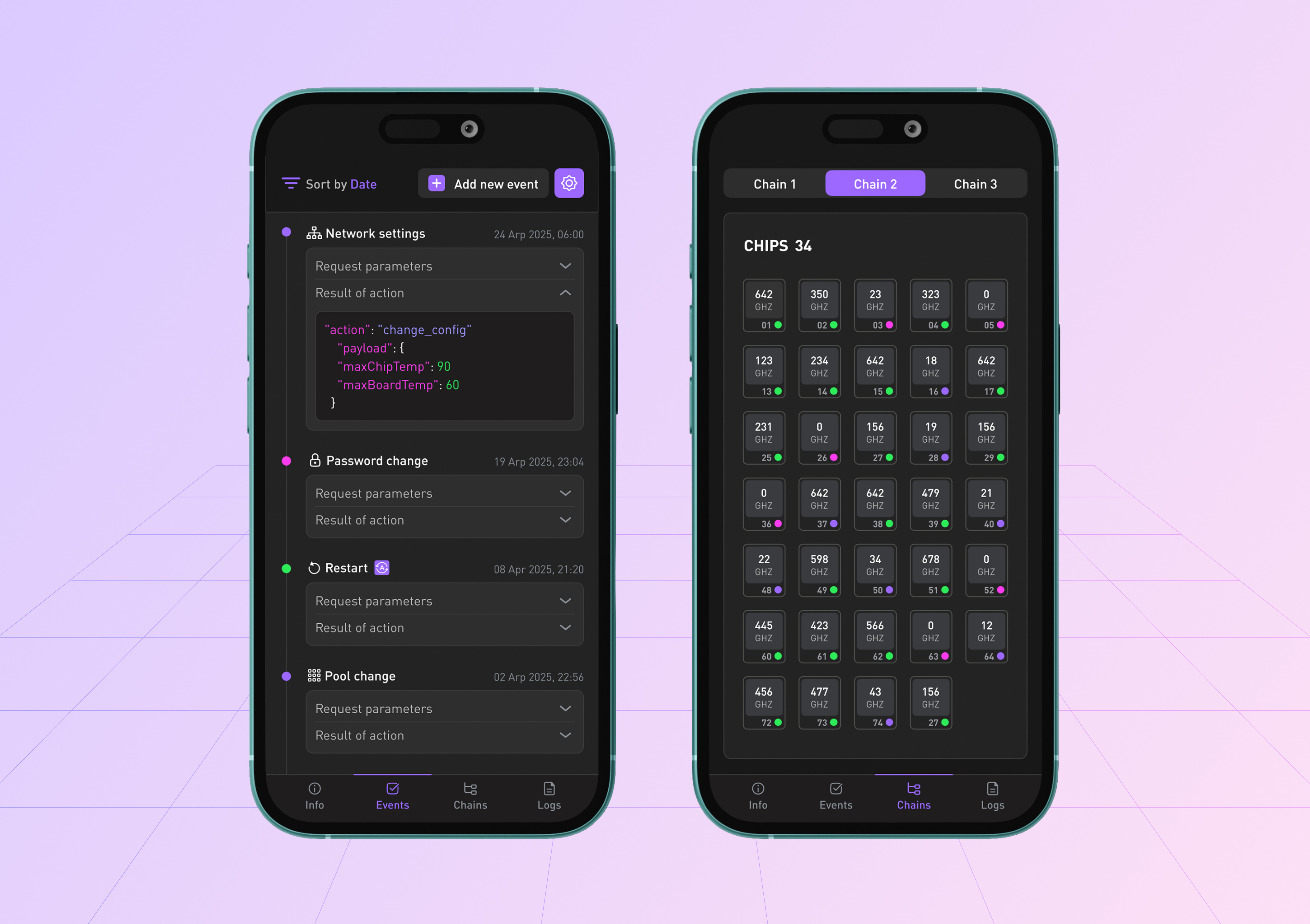 Mining Monitoring Software – Mobile UI bitcoin branding control crypto dark dashboard design events graphic design ios management mining mobile monitoring software statistics ui ux violet web