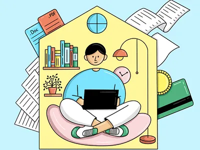 Working from home 2d abstract cartoon character design editorial home illustration procreate work working from home