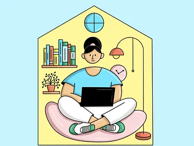Working from home 2d abstract cartoon character design editorial home illustration procreate woman work working from home