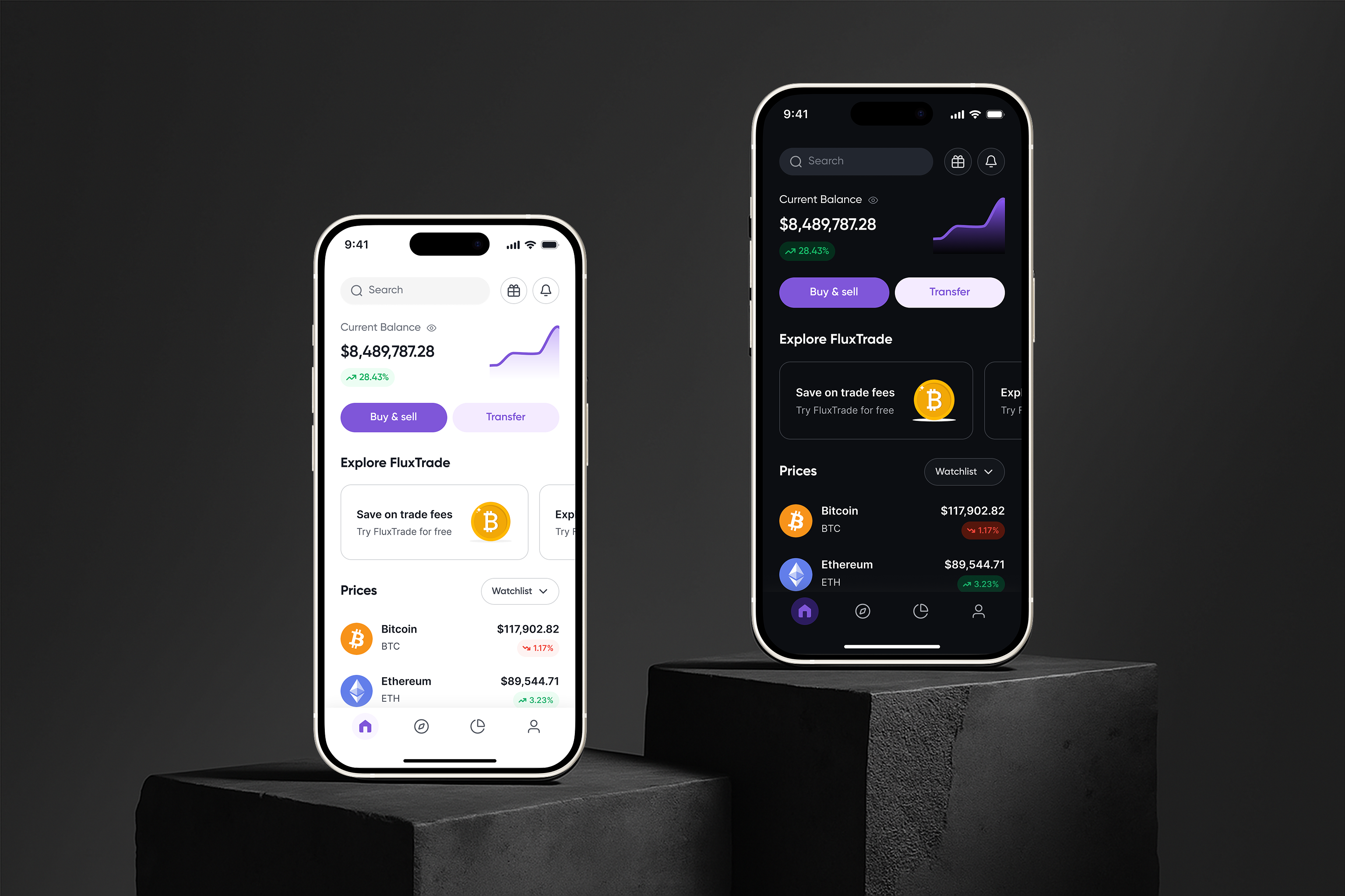 FluxTrade - Switch to Dark Mode app app design asset binance bitcoin blockchain clean crypto crypto app crypto wallet cryptocurrency design fintech mobile mobile app mobile app design mobile ui trading app uiux wallet