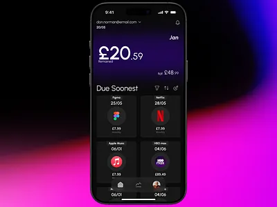 Subscription Manager app clean dark glowy minimal subscription manager ui ux