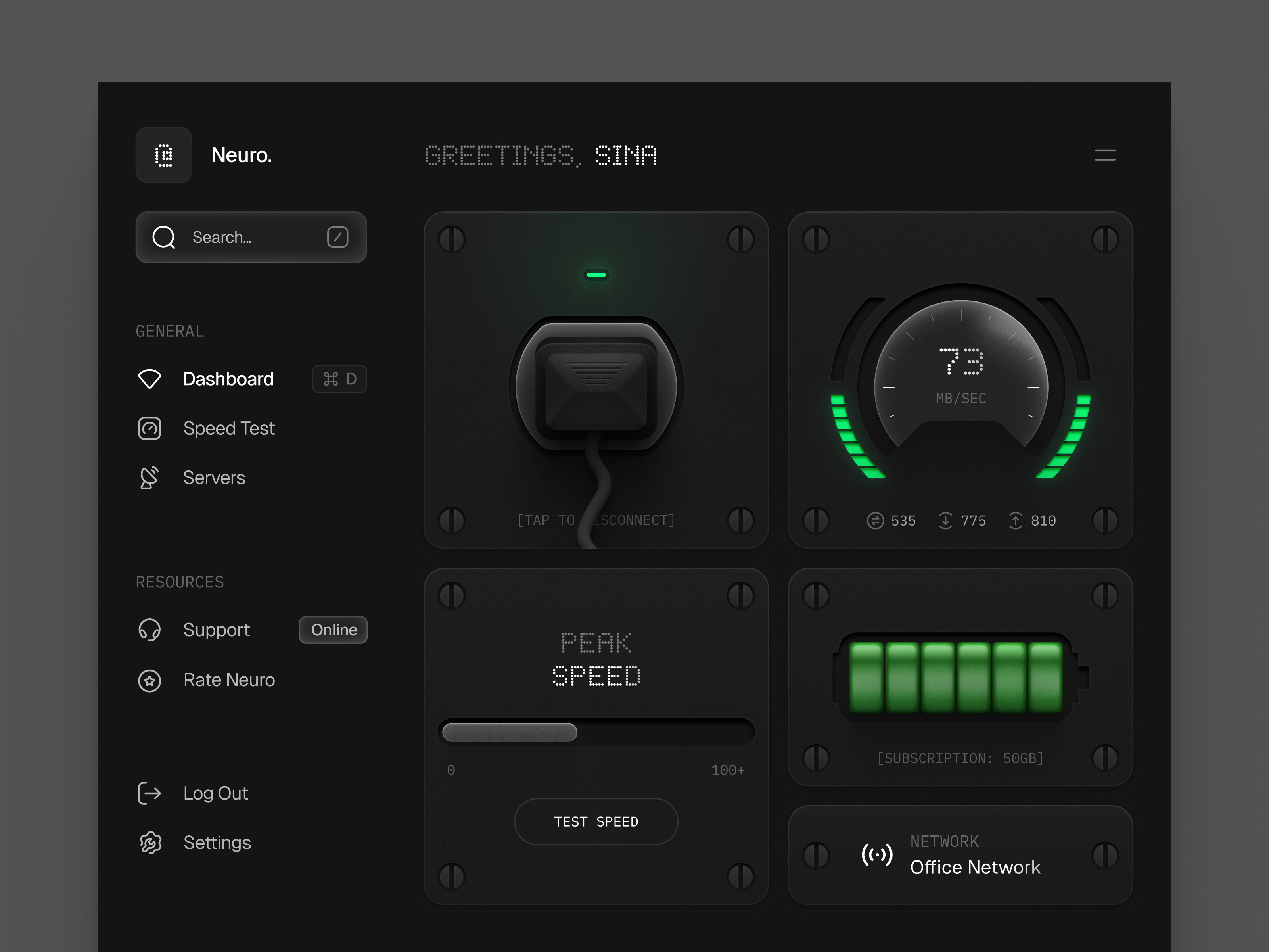 Neuro | Desktop VPN Dashboard ⚡️ ai chart connection dark mode dashboard data desktop desktop design futuristic dashboard internet location minimal proxy security server shield sidebar speed vpn service web design