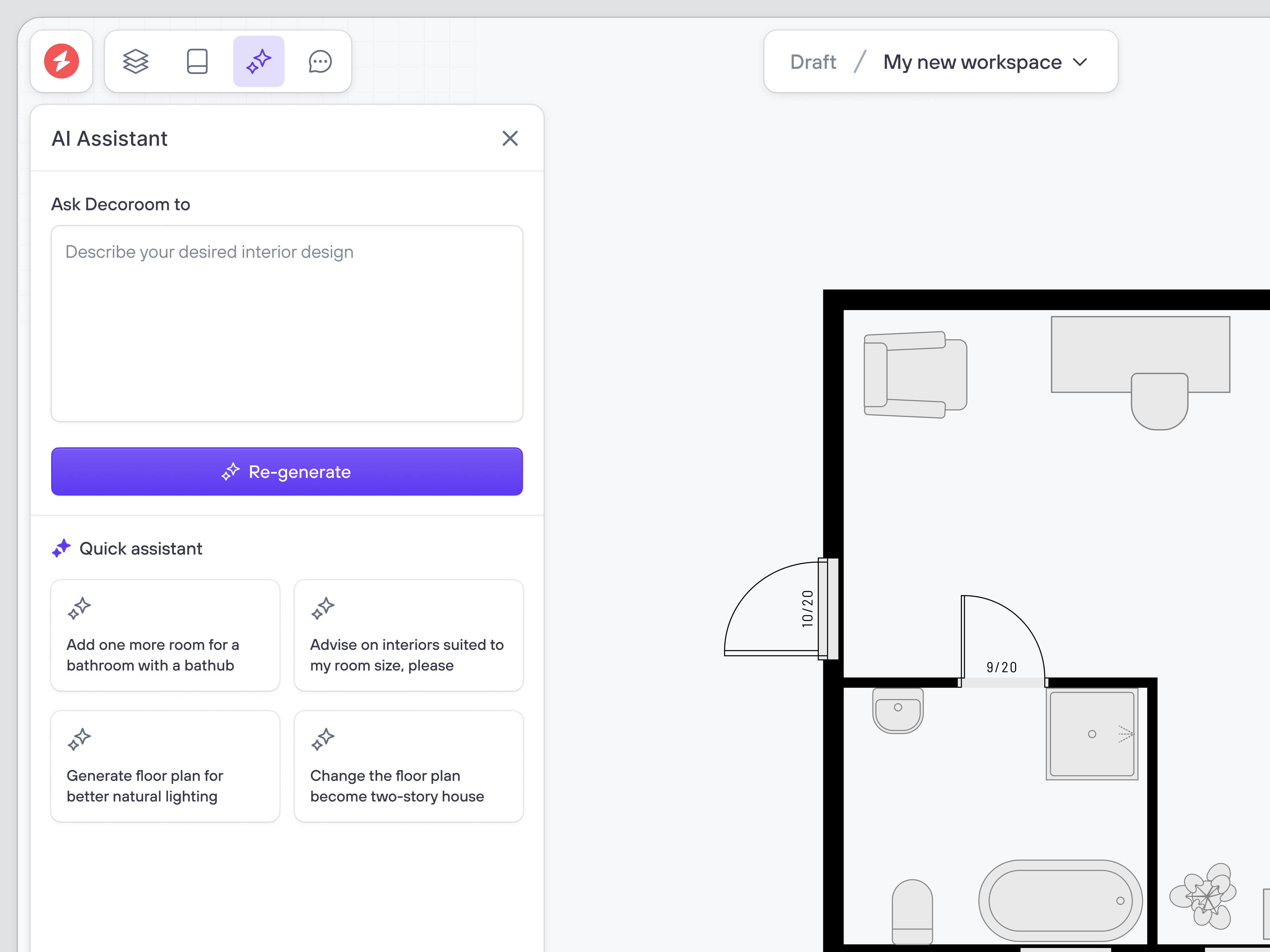 Decoroom: Virtual Interior Design App - AI Assistant ai ai agent ai assistant ai prompt architect artificial intelligence dashboard design illustration interior interior design product design prompt saas sds ui uiux virtual interior design web app web design