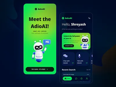 Landing screen/Home screen - AdioAI aichatapp appshowcase artificialintelligence chatwithai clean cleanui design digitalproductdesign interface minimalappdesign mobileappdesign moderndesign nextgenapps productdesign smartappux techvibes ui uiuxinspiration ux web