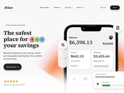 Aether • Banking bank black blur branding button cta dollar finance gradient graphic design iphone landing mockup noise shadow ui ux