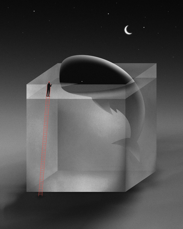 Dream Bigger aquarium art artist artwork black and white design drawing dream dream big fish tank illustration illustrator martynas pavilonis moon motivational nature night pet pop surrealism whale