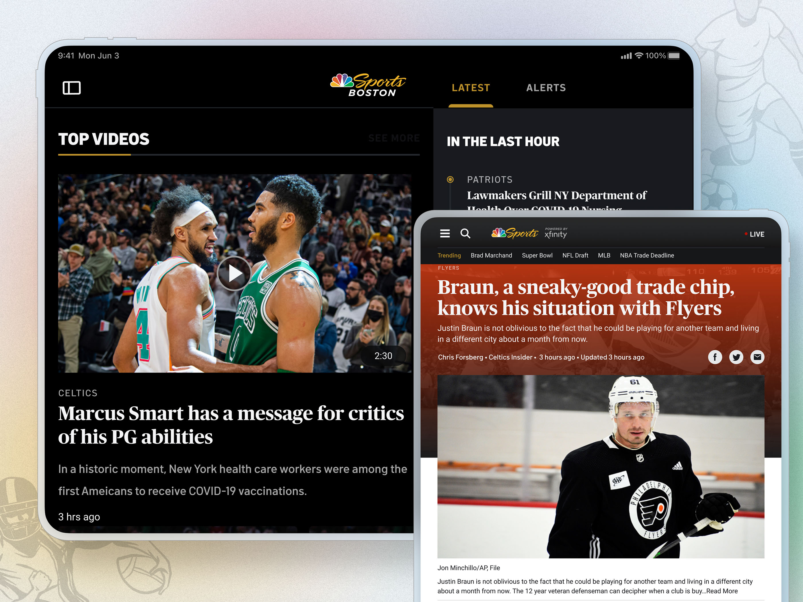 Sports Top Videos - iPad activity alerts broadcast dark theme design graphic design ipad media nbc news social media sports tv ui ux strategy videos