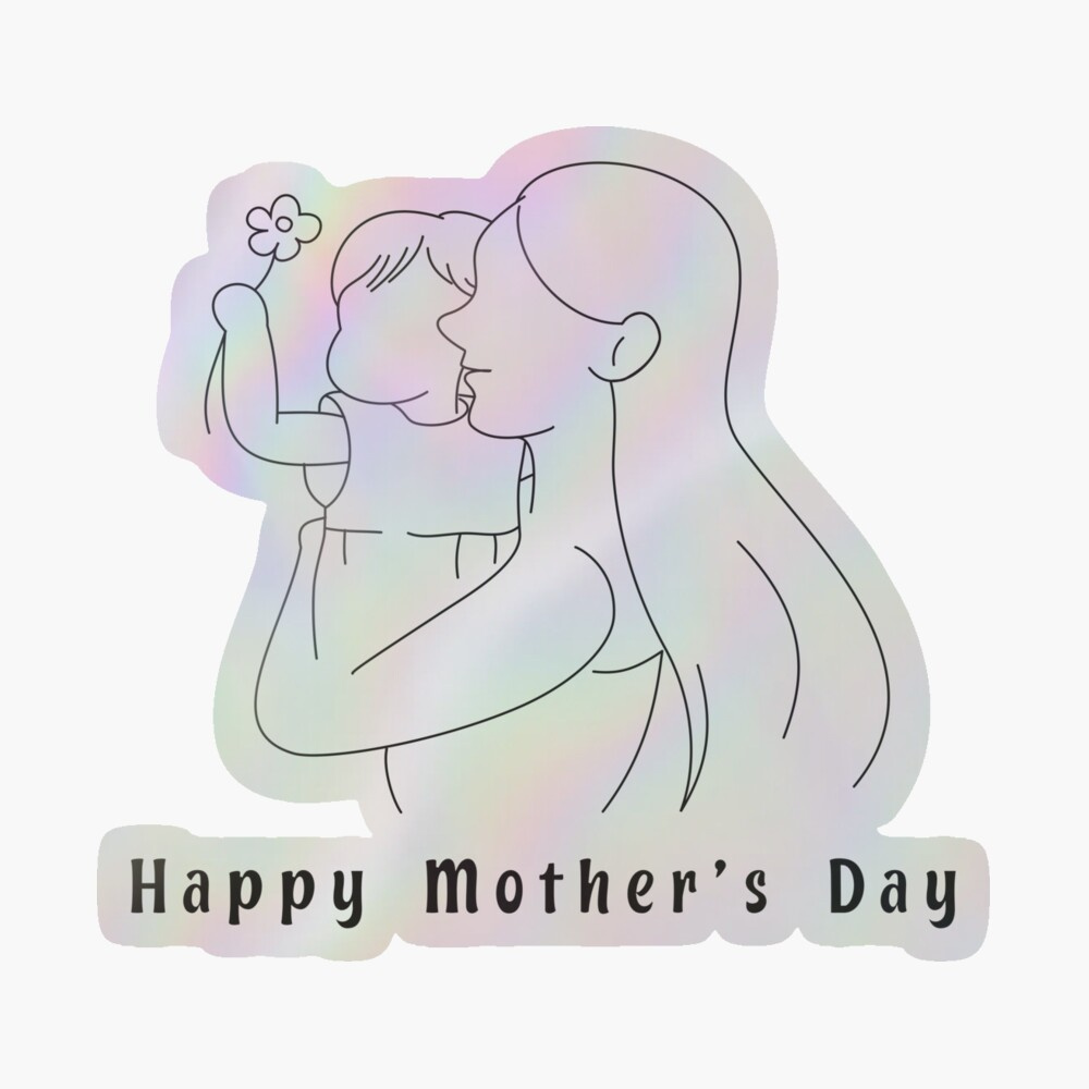 Happy Mother's Day - Mom Hugging Daughter Holding a Flower aesthetic art best mom black and white cute daughter digital art drawing flower gift for mom happy mothers day line art minimalist mom mommy mother mothers day simple trending typography