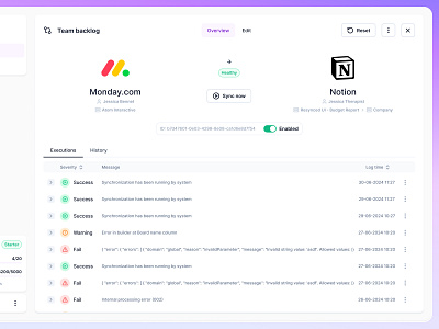 SaaS dashboard. Sync view - resynced.io 🌐 auto mapping columns dashboard data execution integration mapping overview resynced saas startup status sync synchronization ui view web white