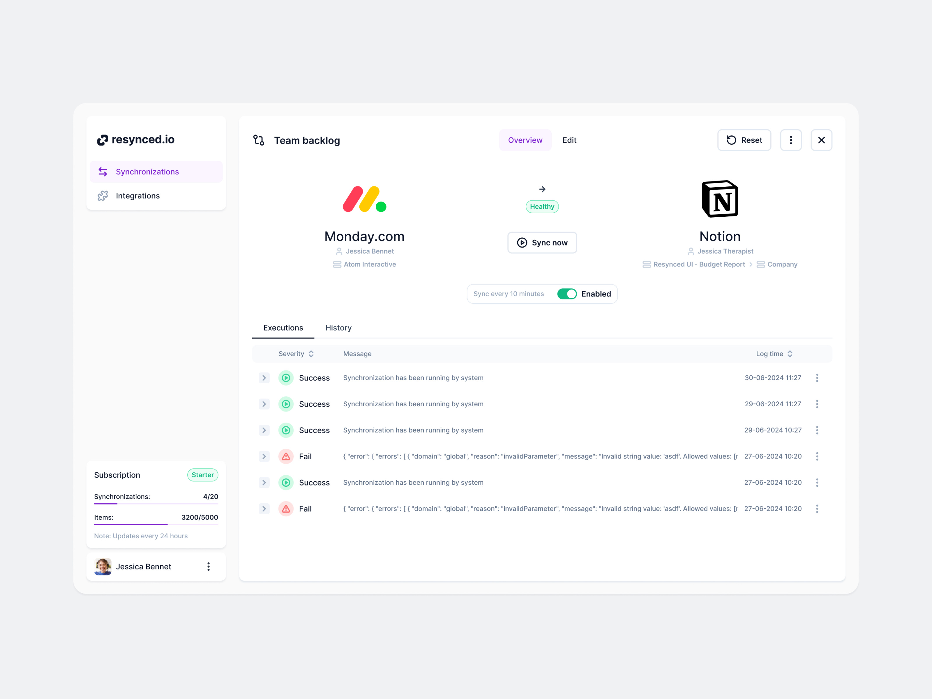 SaaS dashboard. Sync view - resynced.io auto mapping columns dashboard data execution integration mapping overview resynced saas startup status sync synchronization ui view web white