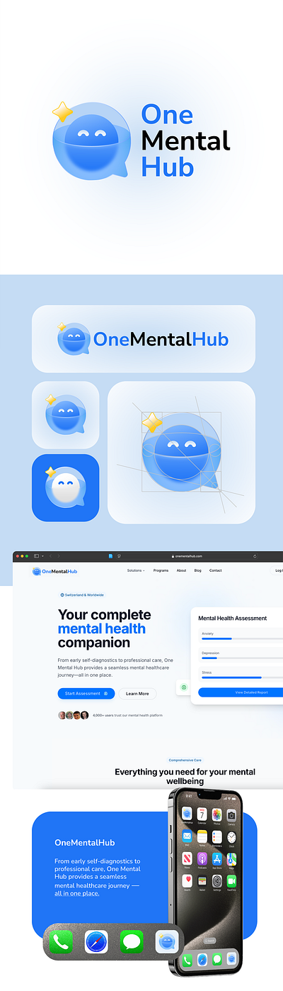One Mental Hub – Logo, Icon & UI Design for Mental Wellness App startup branding