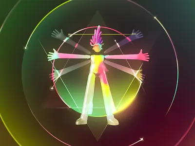 Neo Vitruvian Cosmic Balance abstract human artistic geometry concept human cosmic balance digital body digital symmetry futuristic figure geometric light glowing geometry human evolution metaphysical art modern renaissance neon vitruvian radiant shapes sacred design surreal anatomy virtual identity visual harmony
