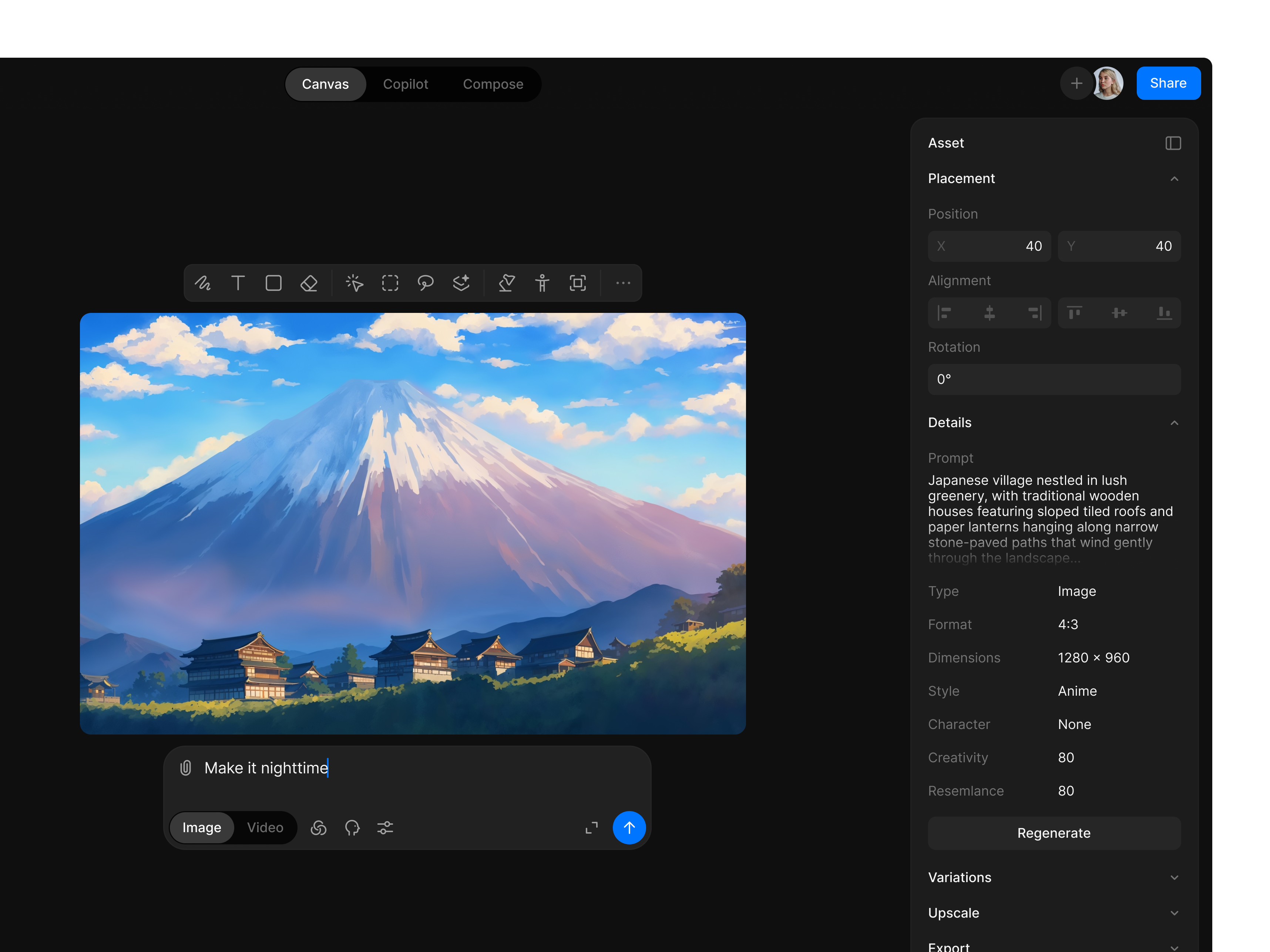 Generate on Canvas ai app artboard canvas chat clean desktop generate input minimal prompt saas settings sidebar simple toolbar ui ux video web app