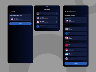 Cross-Currency Transfer Mobile UI – Dark Theme Edition app branding conversions currency exchange ui design figma fintech app funds fx rates graphic design illustration logo mobile finance mobile ux money transfers payments typography ui ux wallet transfer