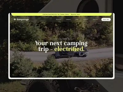 Homepage for an outdoor recreation company - kamperage.com animation camper electric ev graphic design green grid kamperage landing outdoor outdoors pnw rivian scroll ui vehicle volt webdesign webflow