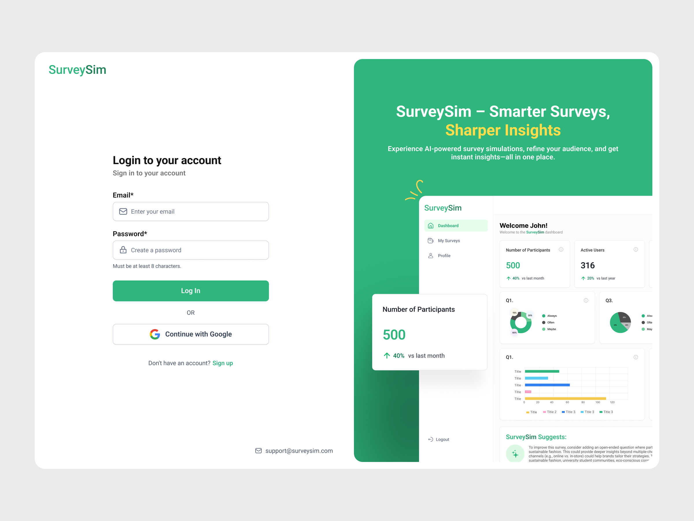 SurveySim Web App Design clean design dashbaord design login minimal dashboard onboarding signup ui uidesgin uiux design web app design